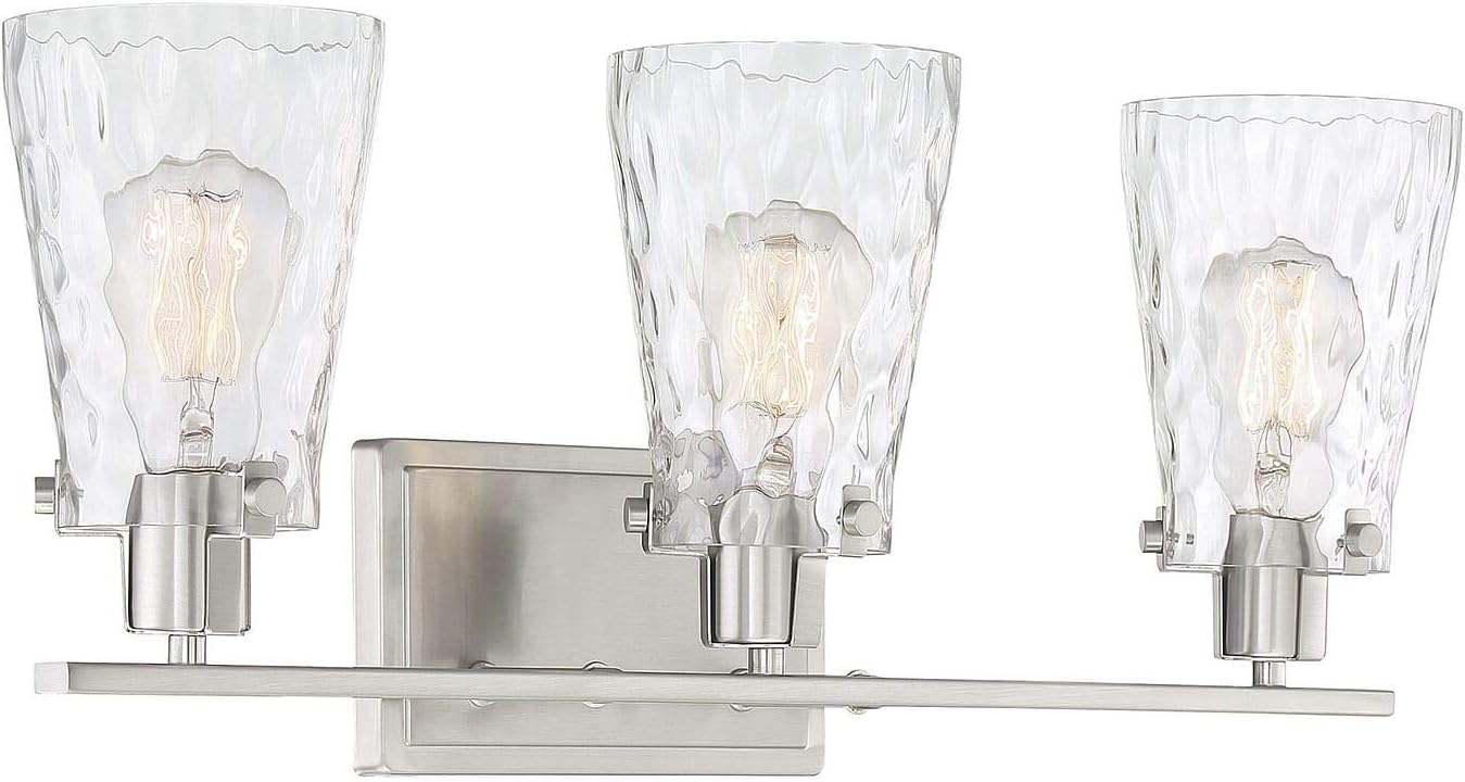 Savoy House 8-4508-3-SN Vaughan Modern Clear Water Glass Bathroom Vanity Wall Light, 3-Light 180 Total Watts, 9" H x 24" W, Satin Nickel