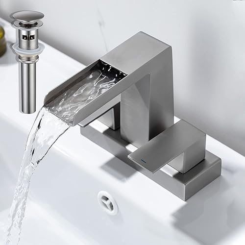 HAMOLER Grifo de baño de cascada de 2 manijas con drenaje desplegable de desbordamiento grifo mezclador de lavabo central de 4 pulgadas níquel