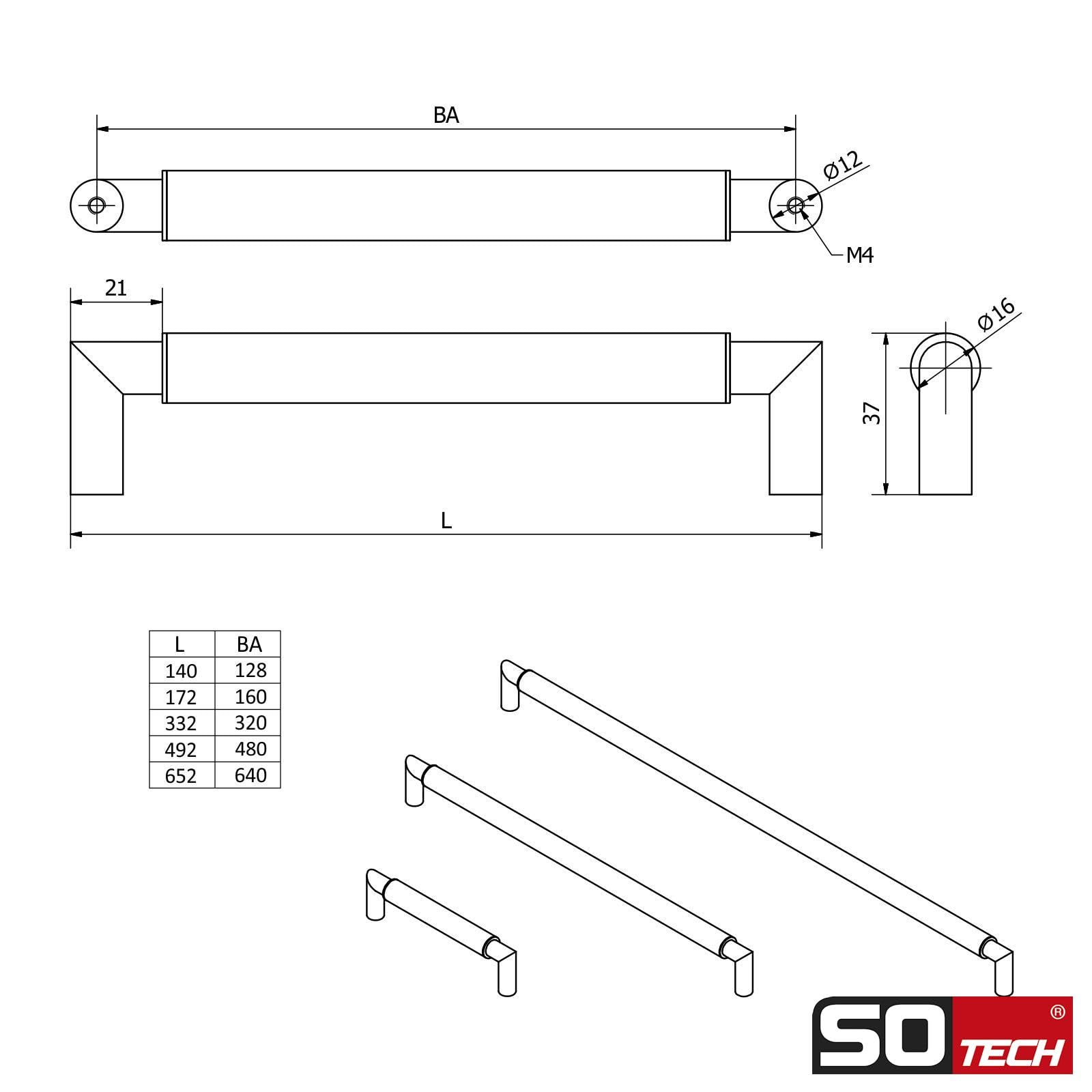 10 x SO-TECH® Möbelgriff Relinggriff E9 echt Edelstahl schwarz matt BA 480 mm/Ø 16 mm mit Sockeln aus Metall