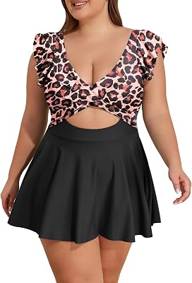 B2prity Women's Plus Size Swimsuit Tummy Control One Piece Swimdress Ruffle V Neck Cutout Wrap Bathing Suit with Skirt