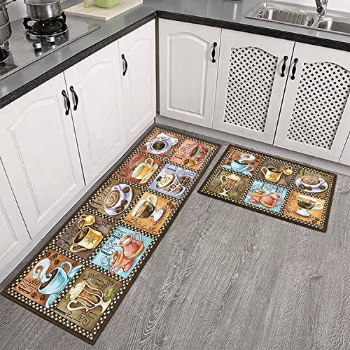 Colorful Coffee Kitchen Rugs And Mats Set Of 2,Coffee Breaks Art Kitchen Decoration Non Slip Super Absorbent Kitchen Mat For Sink Waterproof Kitchen Rugs Runner For Laundry Room 17"X48"+17"X30" #TOP2