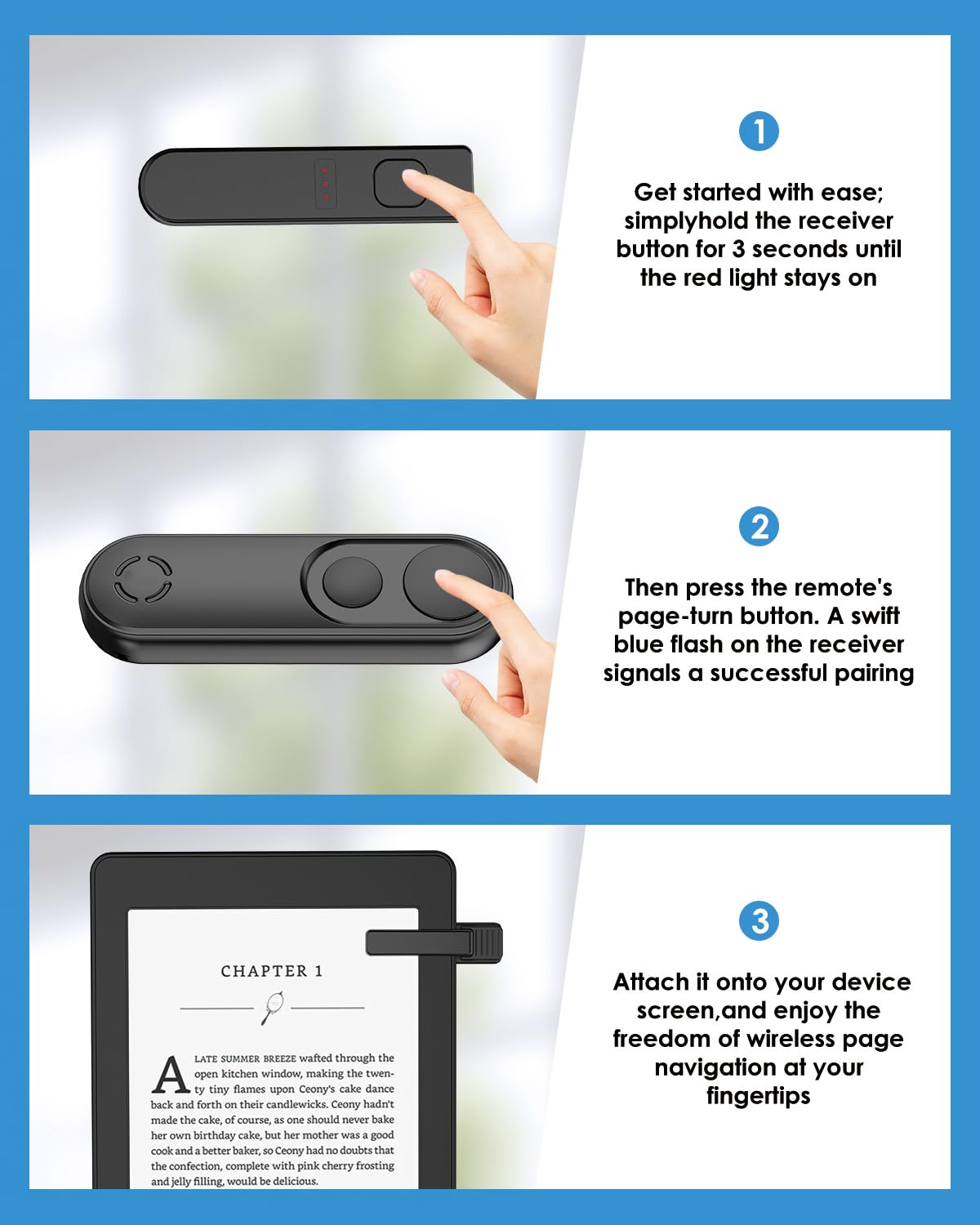 RF Remote Control Page Turner for Kindle Paperwhite Scribe Accessories, Page Turner Clicker for iPad Tablets Reading Novels Taking, Phone Camera Video Record Triggers Remote, Black — view 4
