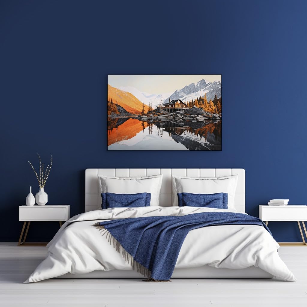 Canvas for Living room. Serene Lakeside Retreat: A Wooden Sanctuary Amidst Whispering Pines and Distant Snow-Capped Peaks, 27 x 18 inch Canvas Wall Art - Contemporary Masterpieces - Modern Home Decor