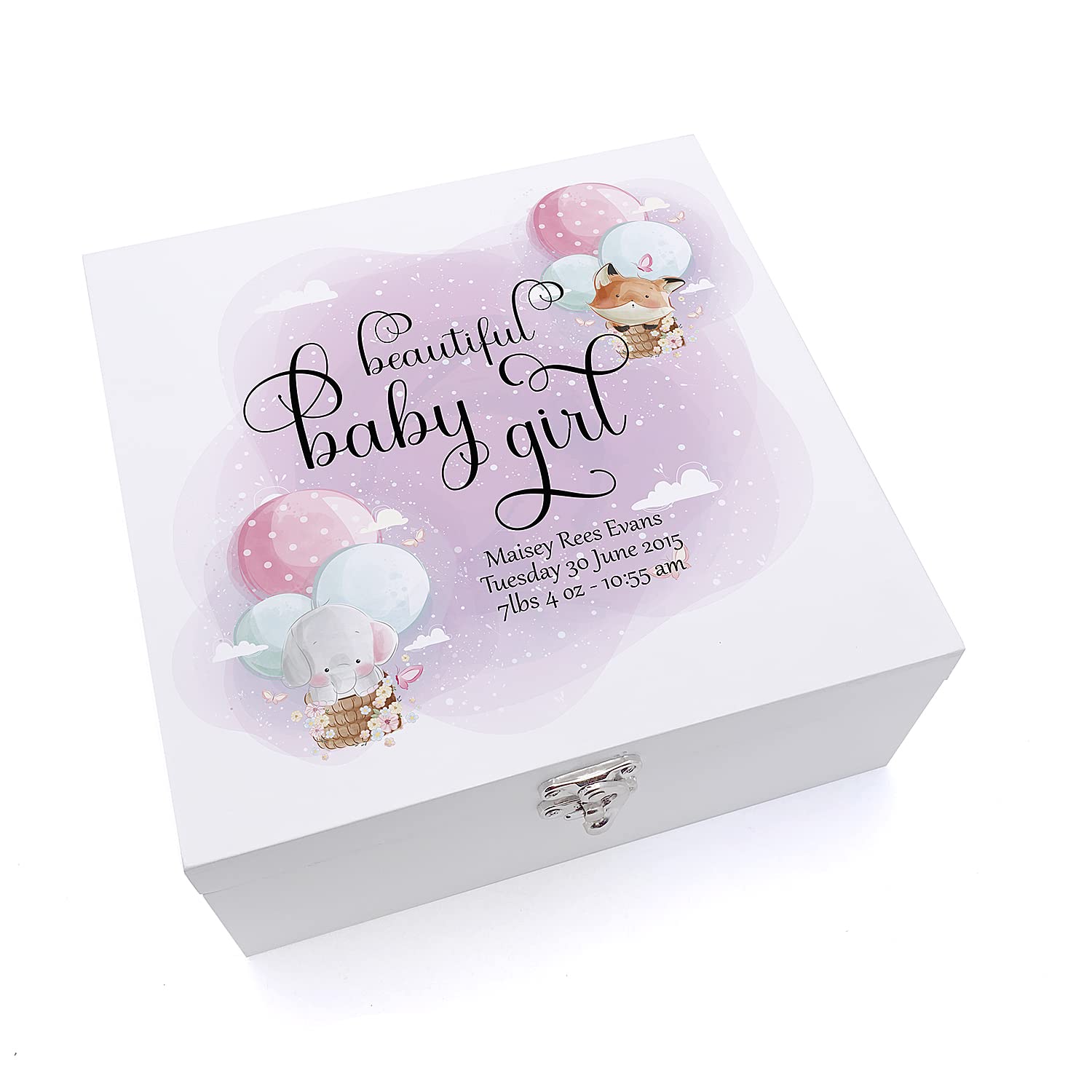 ukgiftstoreonline Personalised Baby Girl Keepsake Wooden Box Gift With Balloons (Medium)