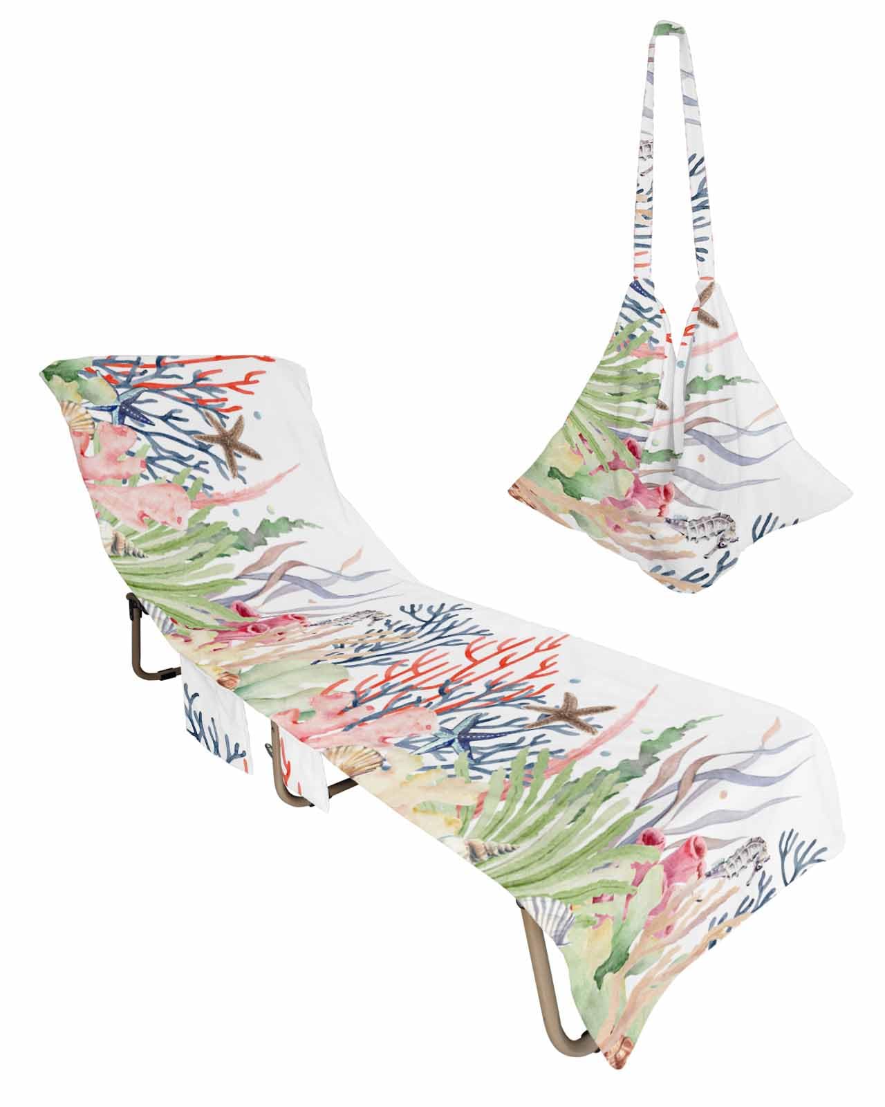 Coastal Beach Lounge Chair Towel Cover, Soft Chaise Lounge Towel with Side Pockets Patio Pool Chairs Cover for Beach/Pool Sunbathing 29x85 Colorful Coral Nautical Starfish Summer Beach