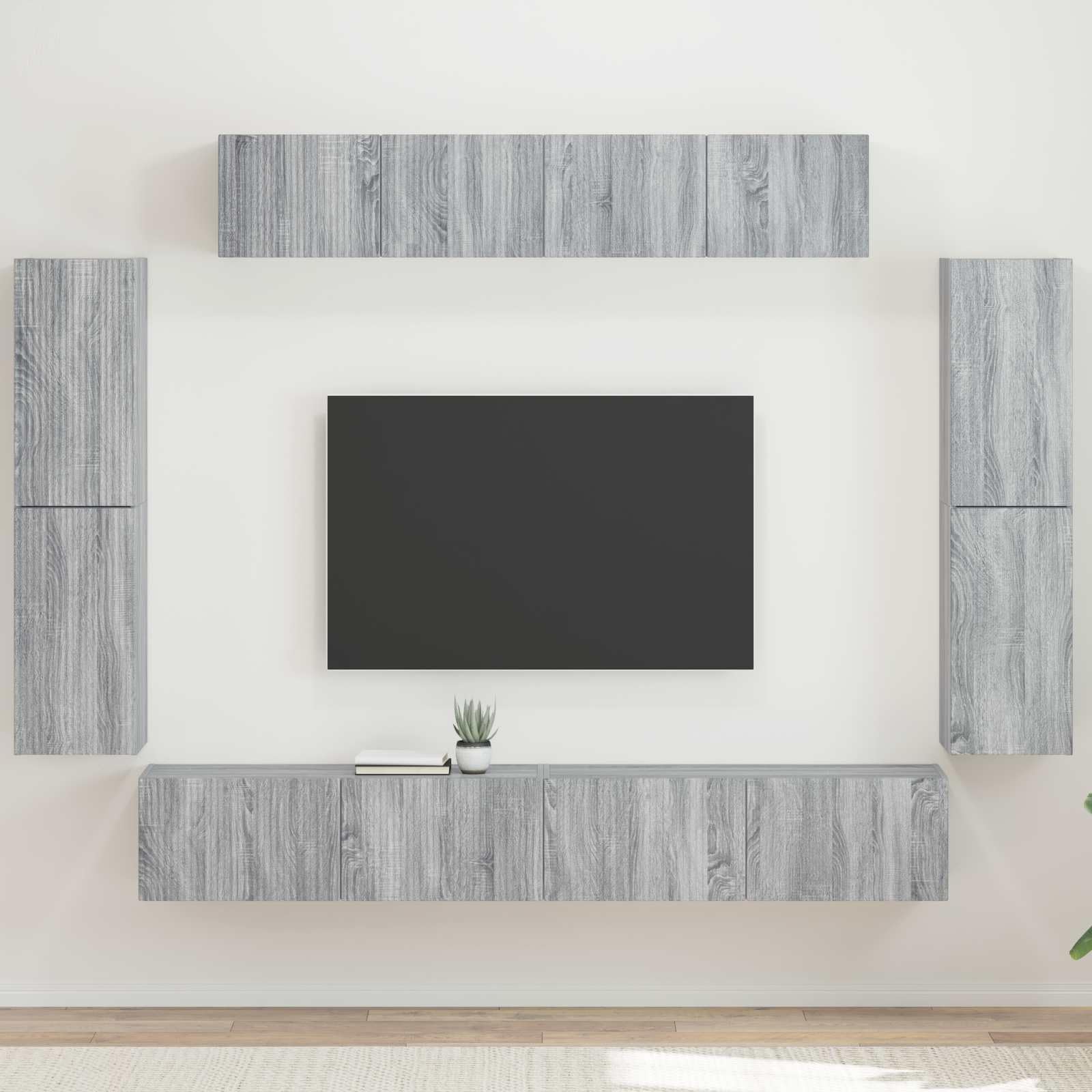 Mueble de TV de pared de 8 piezas, Sonoma gris, soporte multimedia modular para sala de estar, dormitorio, amplio espacio de almacenamiento, construcción de madera duradera