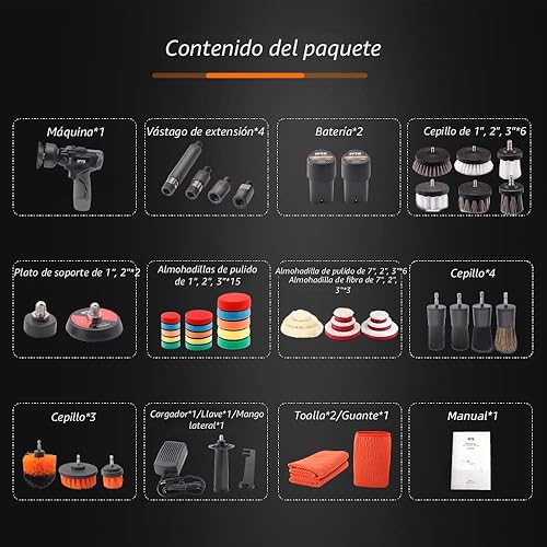 Miniatura 4 de SPTA-Pulidora inalámbrica de 12V pautomóvil, taladro inalámbrico de vel variable y amortiguador, bat de iones de litio de 2000 mAh ccargador rápido