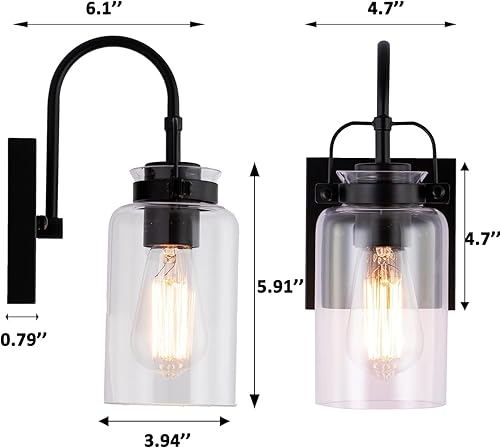 Miniatura 7 de Berliget Juego de dos apliques de pared negros de granja, lámpara de pared de vidrio transparente industrial, lámpara de montaje para baño,