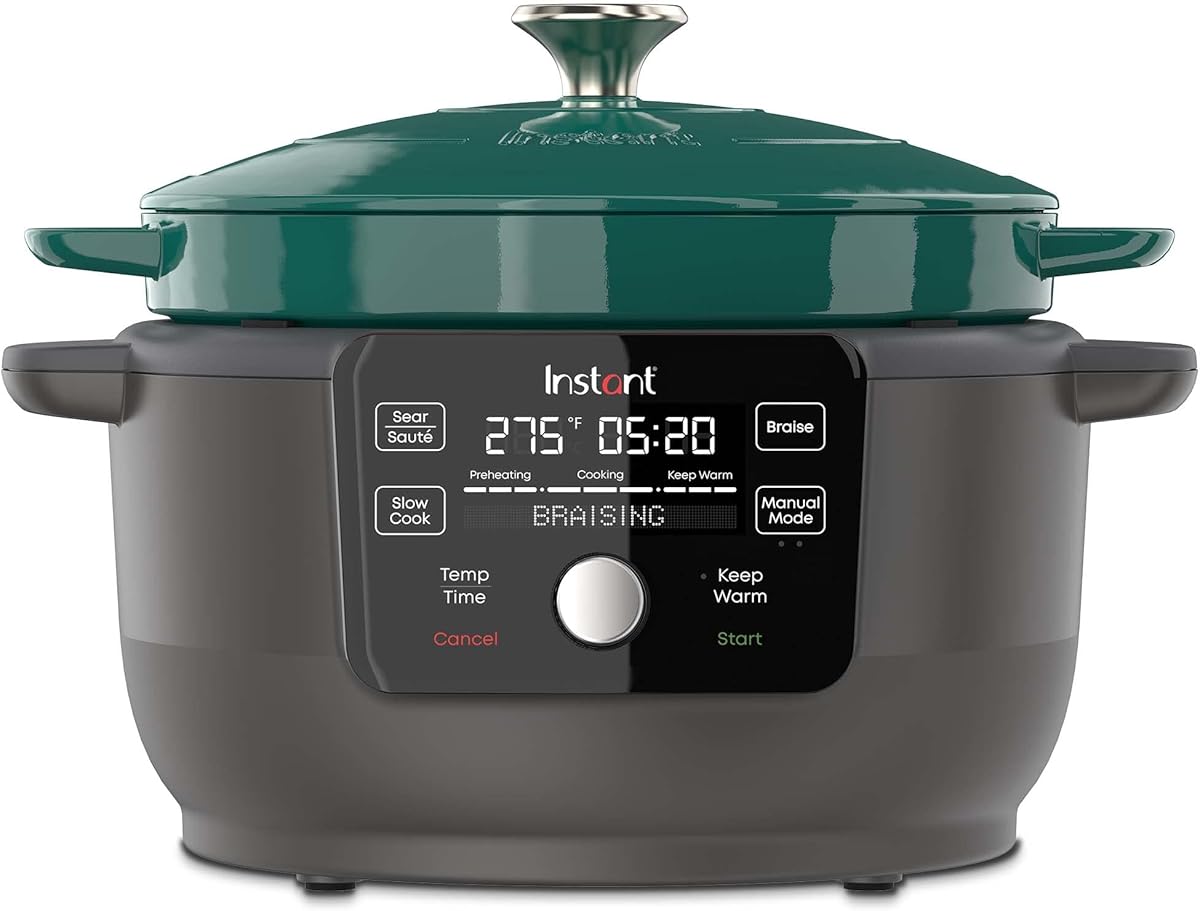 Instant Electric Round Dutch Oven, 6-Quart 1500W, From the Makers of Instant Pot, 5-in-1: Braise, Slow Cook, Sear/Sauté, Cooking Pan, Food Warmer, Enameled Cast Iron, Included Recipe Book, Green