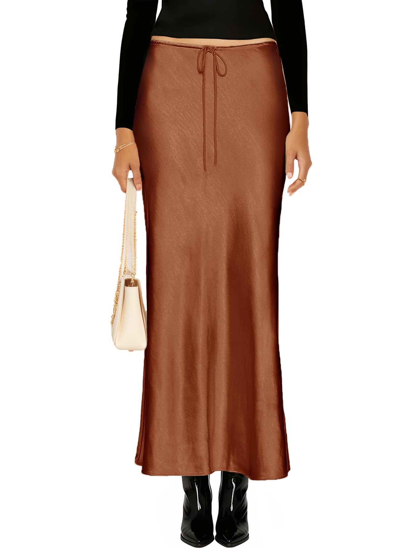 Womens Drawstring Satin Maxi Skirt High Waist Silk A Line Flowy Long Skirts
