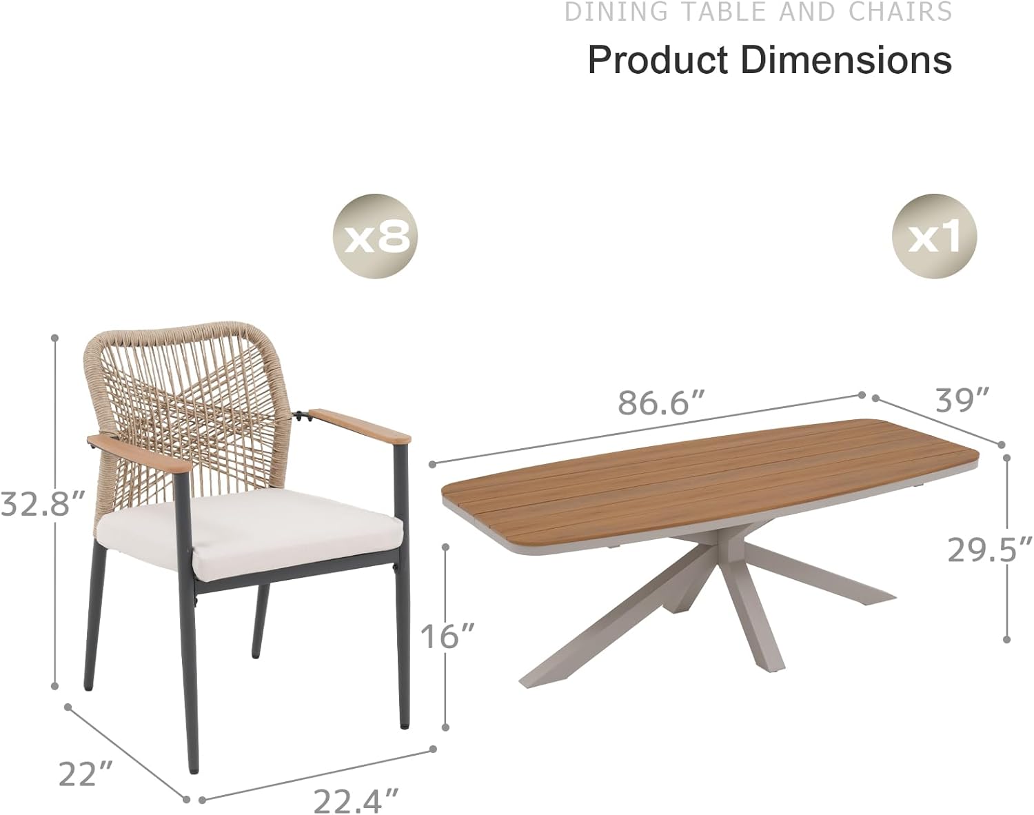 SUNSITT 9 Piece Outdoor Patio Dining Set, Patio Dining Furniture Set with 87” Aluminum Dining Table w/X Base Legs and 8 Woven Wicker Patio Chairs w/WPC Armrests for Garden, Flaxen