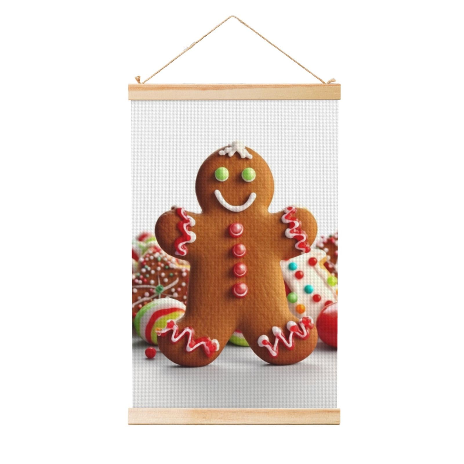 Gingerbread Man Candy Poster Wooden Shaft Hanging Poster Wall Hanging Banner Canvas Artwork with Wood Frames 36"x24" Modern Artwork Decor Ready to Hang Wall Art for Home Decor Scroll Painting