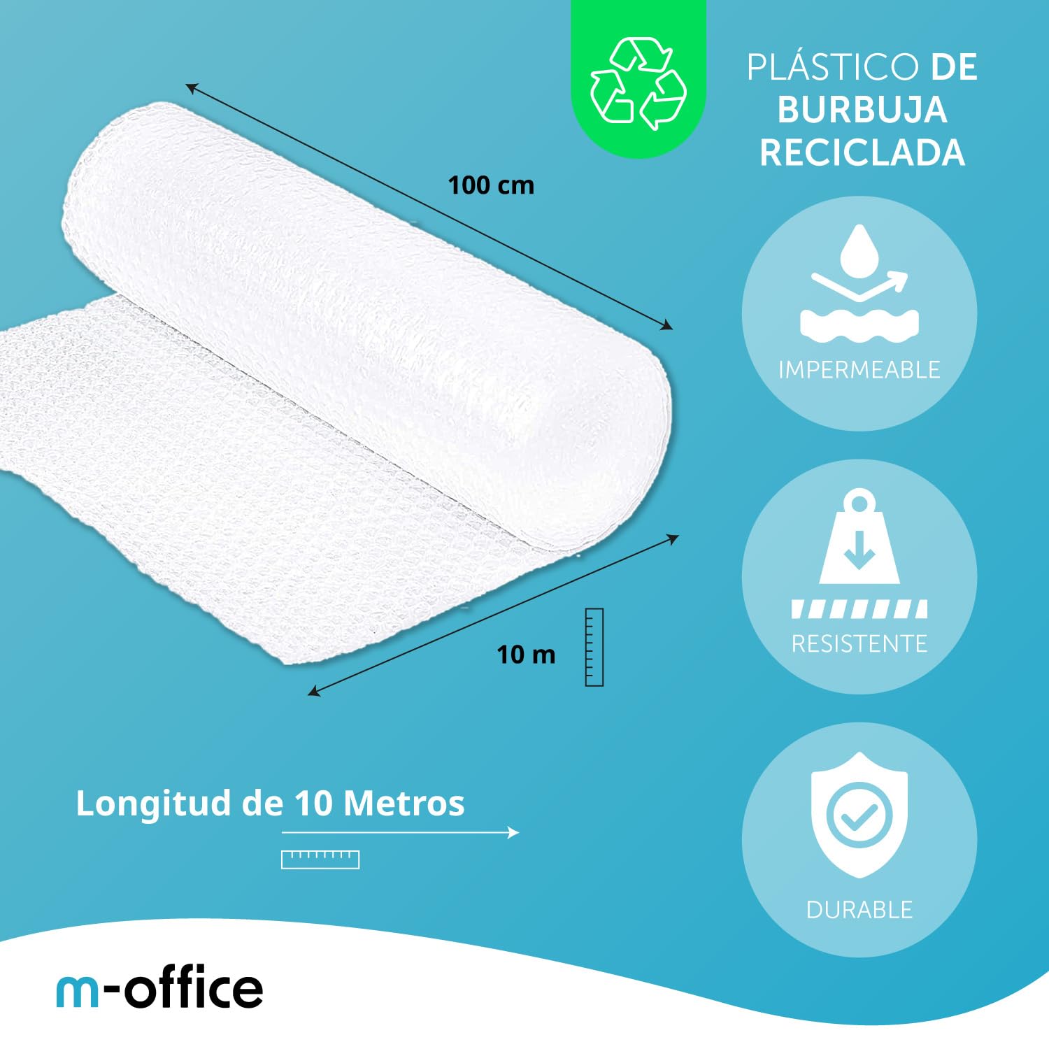 Luftpolsterfolie, recycelte Luftpolsterfolie, Luftpolsterfolie für Umzüge, Verpackungen und Boxen, Luftpolsterfolie für Verpackung, m-office (100 cm x 10 m, 10 Stück)