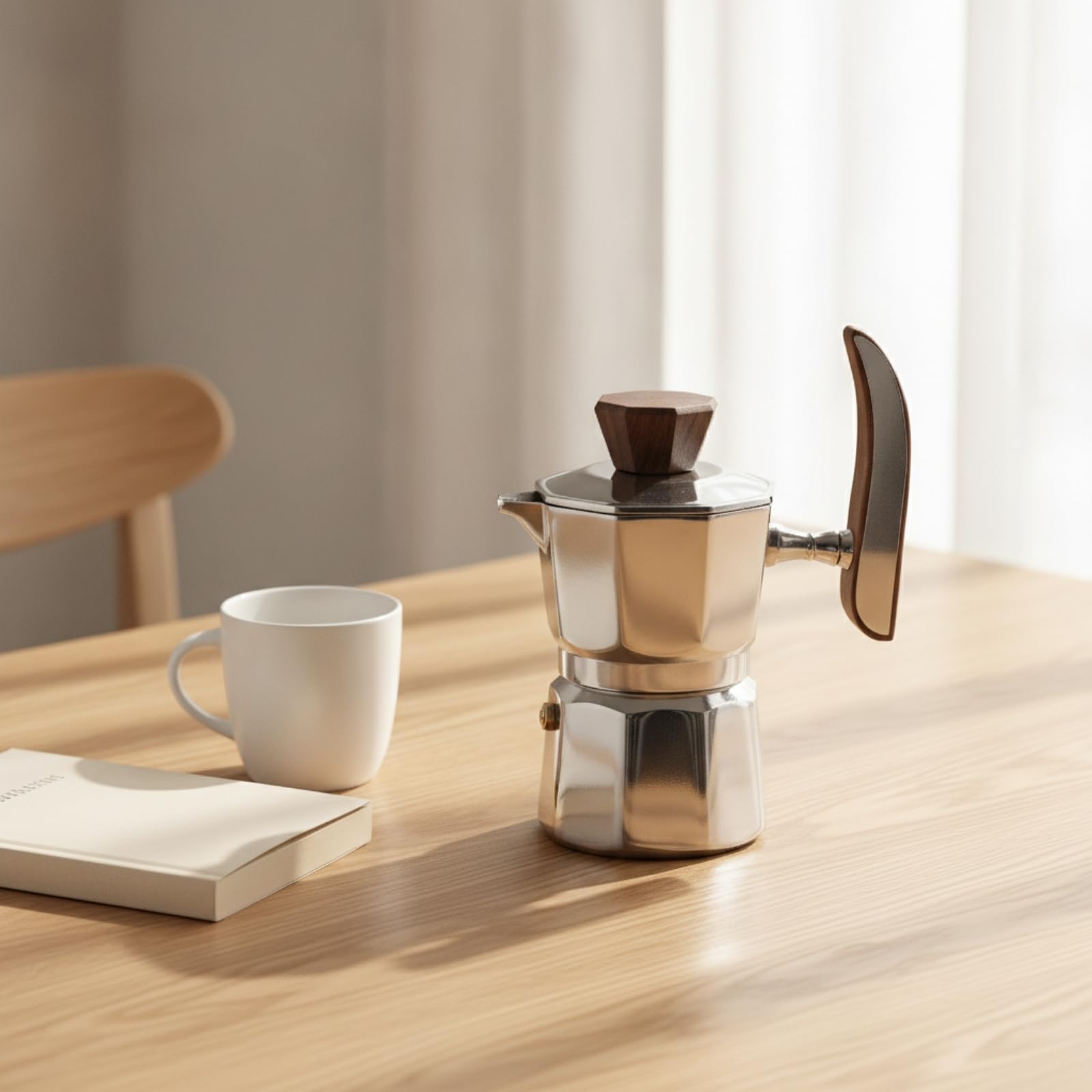 Cafetera Cafetera Italiana Acero Inoxidable Resistente Al Temperatura Italiana con Mango Madera Uniforme para Cocina, Oficina