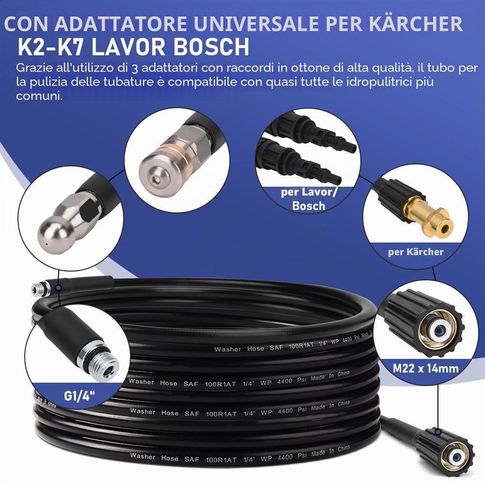 XIIW Sonda Sturatubi Idropulitrice 20m Compatibile con K2-K7, LAVOR, BOSCH | Tubo 240bar con 3 Adattatori, Dotato di Ugelli Rotanti e Fiss, Kit Tubazioni per la Pulizia e Disostruzione Tubi Scarico