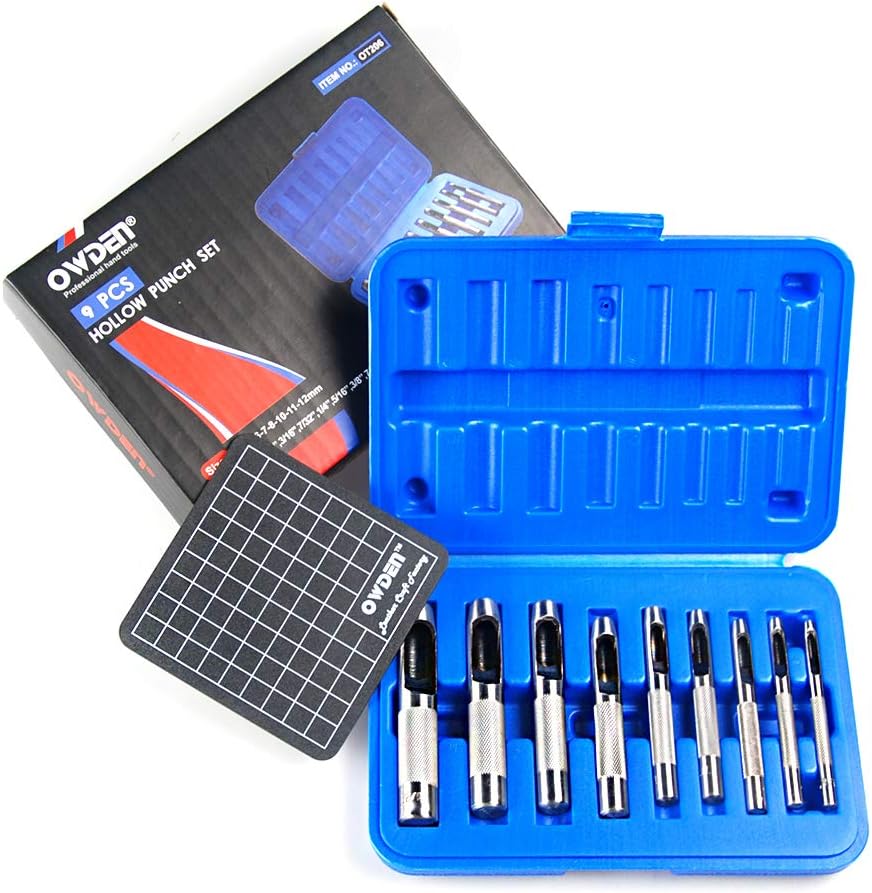 OWDEN 9 PIECES HOLLOW PUNCH SET (1/8"-1/2") WITH A FREE CUTTING MAT, LEATHER HOLE PUNCH SET - - 