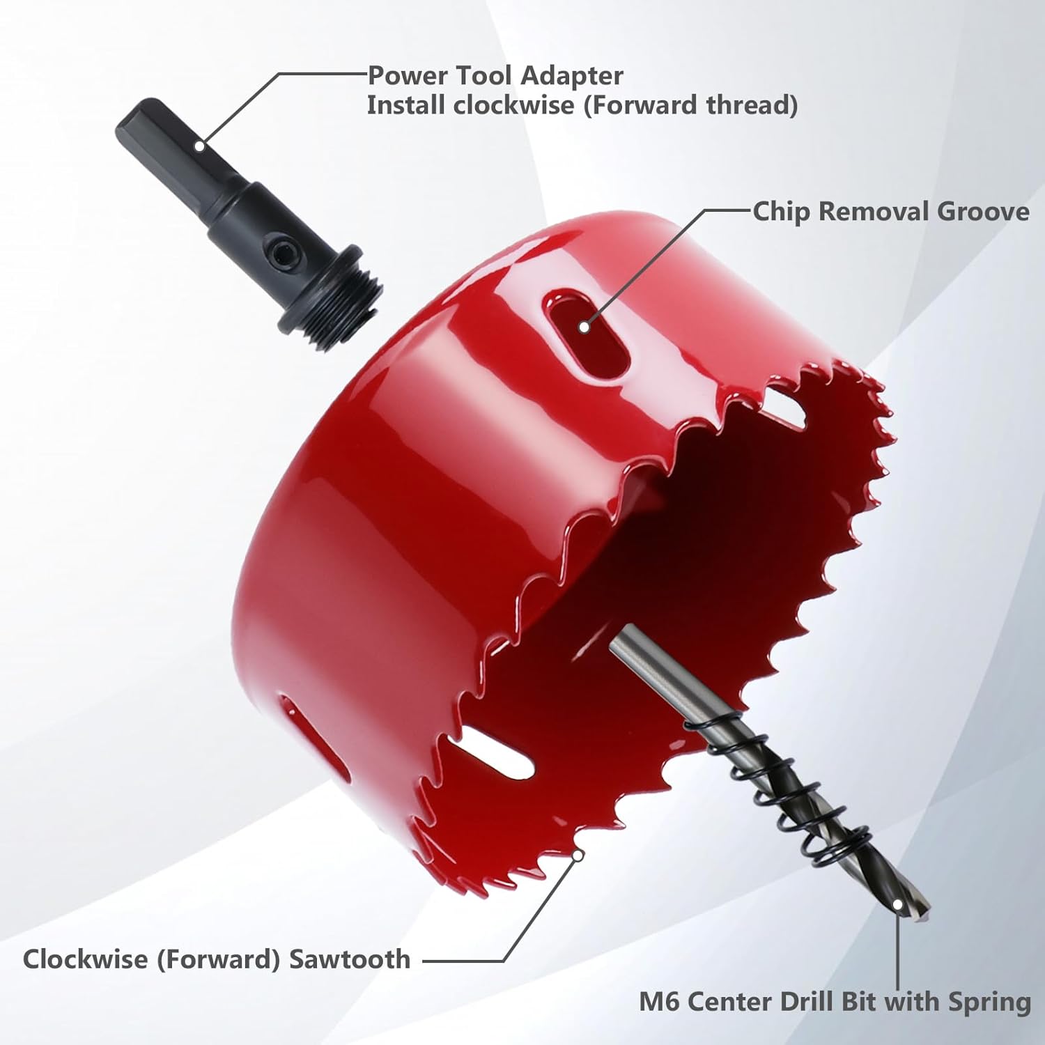 6.5 Inch / 165mm Hole Saw Red with Arbor and Pilot Drill Bit, Bi-Metal Hole Cutter for Fiberboard, Wood, Drywall, Plastic, Soft Metal Sheet, PVC Board and Cornhole Boards Drilling