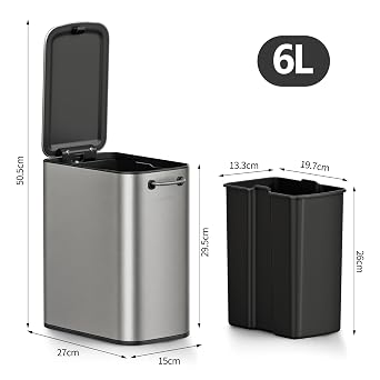 mVm Small Slim Bathroom Bin, 9L Stainless Steel Trash Can with Lid, Fingerprint-Proof Compact Waste Bin for Bathroom, Bedroom & Office (Grey, 9L)