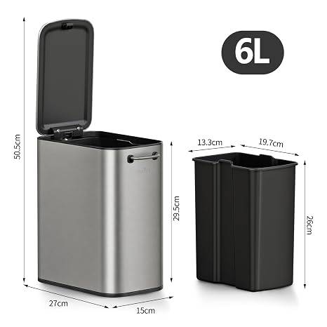 mVm Small Slim Bathroom Bin, 9L Stainless Steel Trash Can with Lid, Fingerprint-Proof Compact Waste Bin for Bathroom, Bedroom & Office (Grey, 9L)
