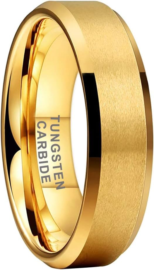 6mm 18K Gold Tungsten Wedding Bands Engagement Rings for Men Women Beveled Edges Matte Finish Comfort Fit