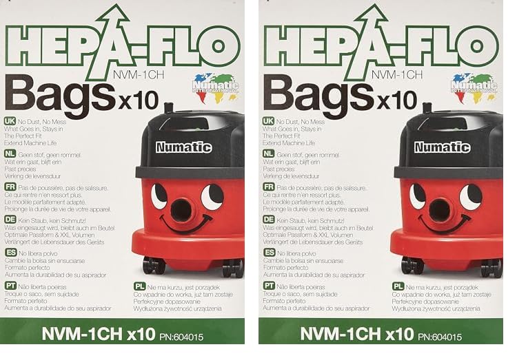 Numatic 604015 Staubsaugerbeutel Hepa-Flo NVM-1CH / Vlies-Filterbeutel geeignet für Henry, Hetty James, Junior, Harry, u.a. Numatic Staubsauger, 10 Stück, Weiß (Packung mit 2)