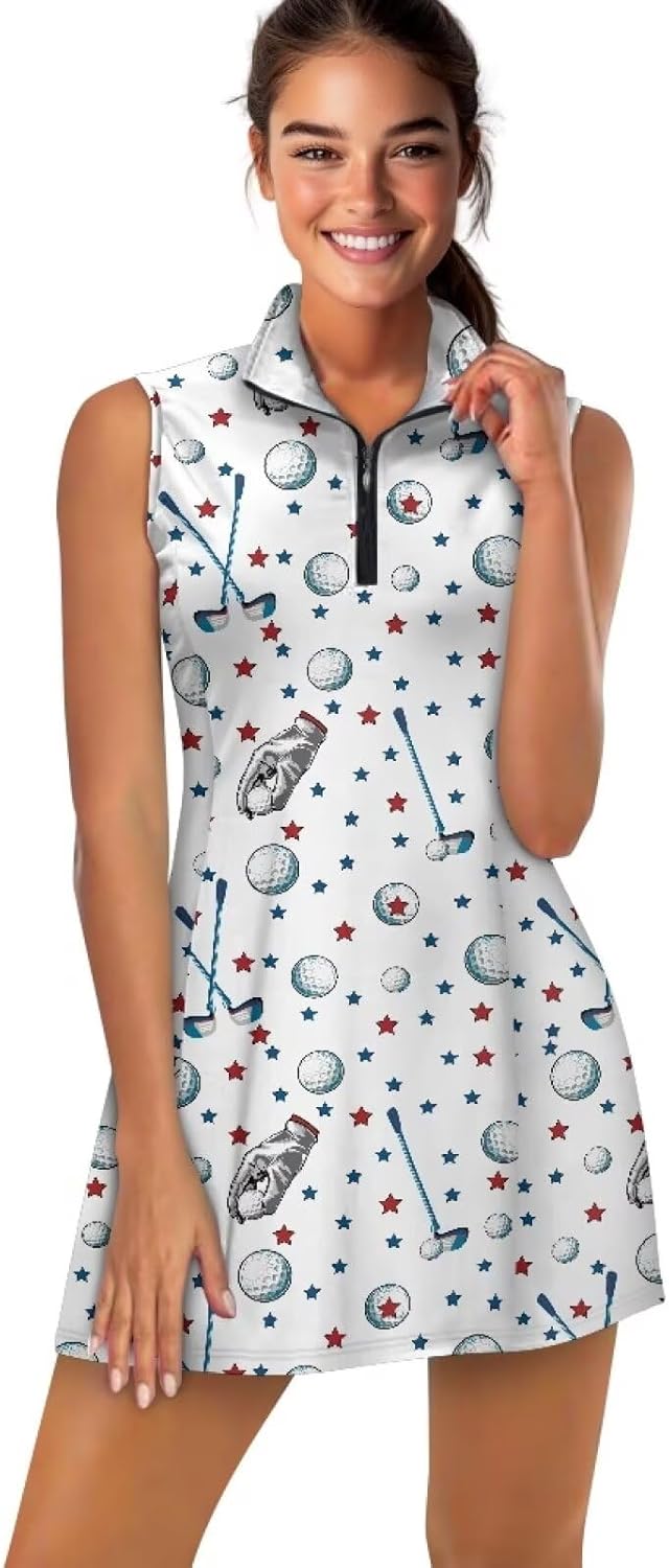 Women Tennis Dresses Golf Dress Short Inner Pocket Sleeveless Stand Collar Workout Versatile Athletic Apparel