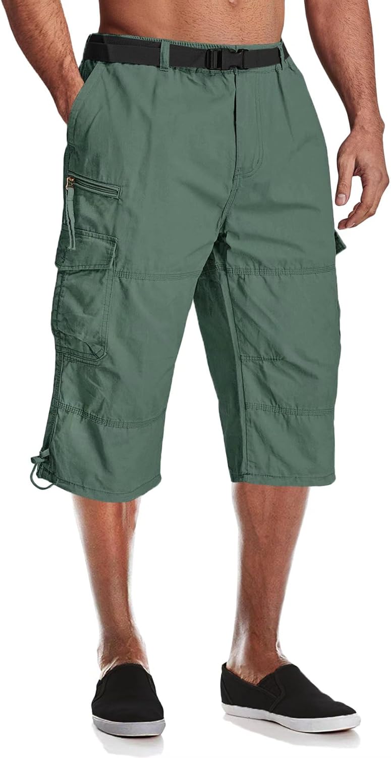 MAGCOMSEN Mens Cargo Shorts Long Capri Elastic Below The Knee 3/4 Cotton Casual Summer Shorts with Pockets
