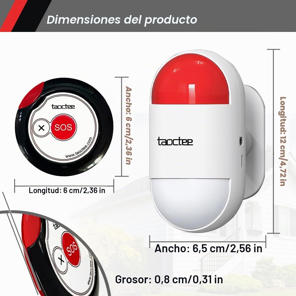 Botón Alarma Pánico Inalámbrico con Sirena para Emergencias | Botón SOS portátil con cuerda conveniente para casa, fábrica, hospital, almacén, centro comercial (Batería/USB)