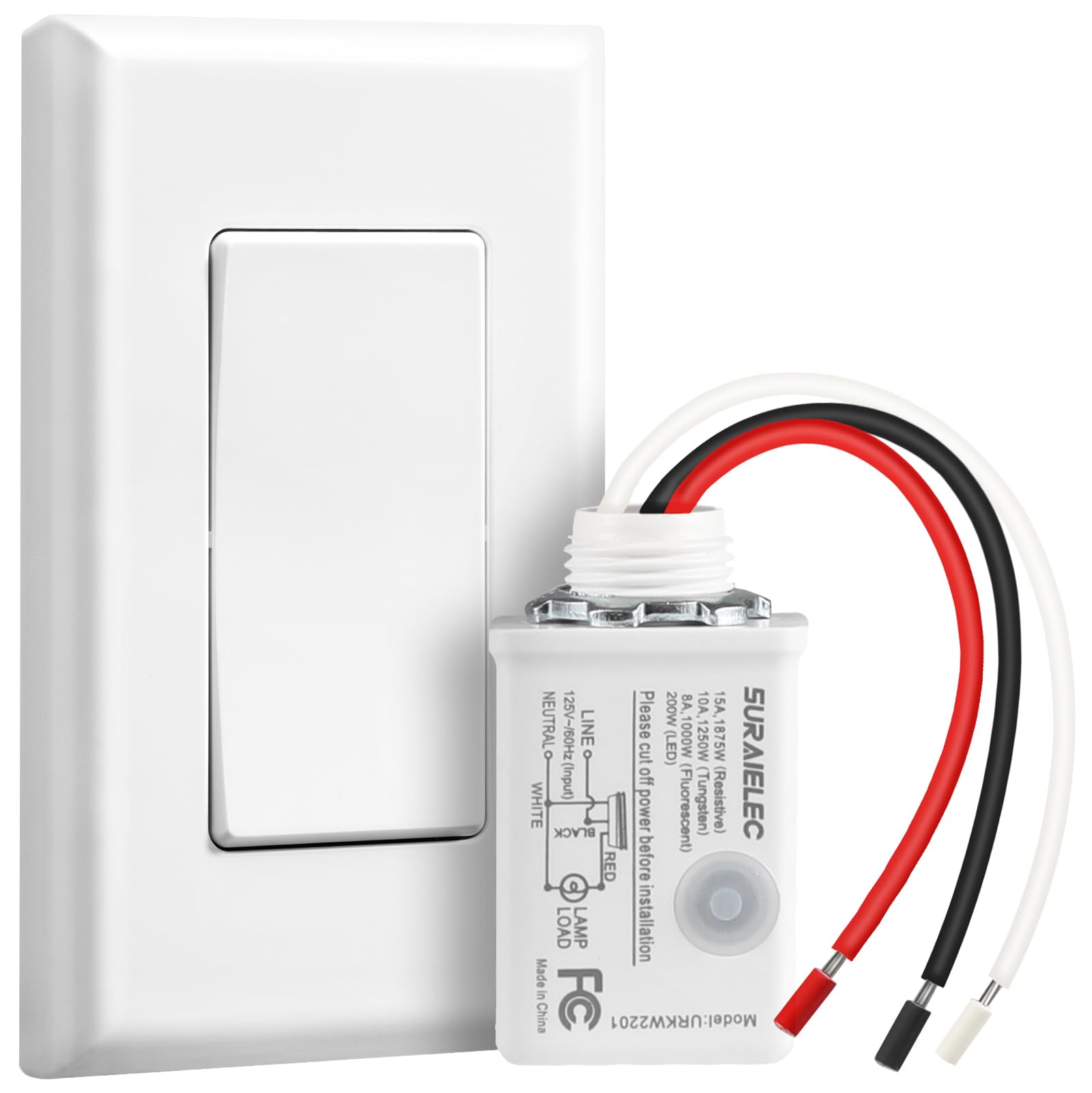SURAIELEC Wireless Light Switch and Receiver Kit, 15A High Power, No Wiring, No Interference, 100ft RF Range, Expandable Remote Control Wall Switches for Lamp, Ceiling Light, Fan, Outdoor Lighting
