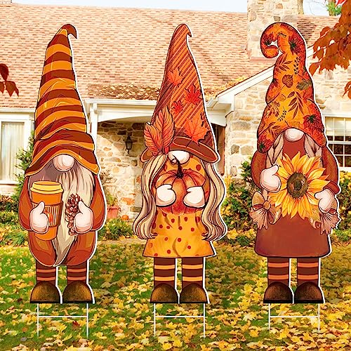 Umigy 3 Pcs Thanksgiving Yard Decor Cute Fall Gnome Yard Sign with Stakes 32 x 10 Inch Autumn Gnome Outdoor Lawn Decor, Outside Thanksgiving Garden Decoration for Home Pathway Walkway