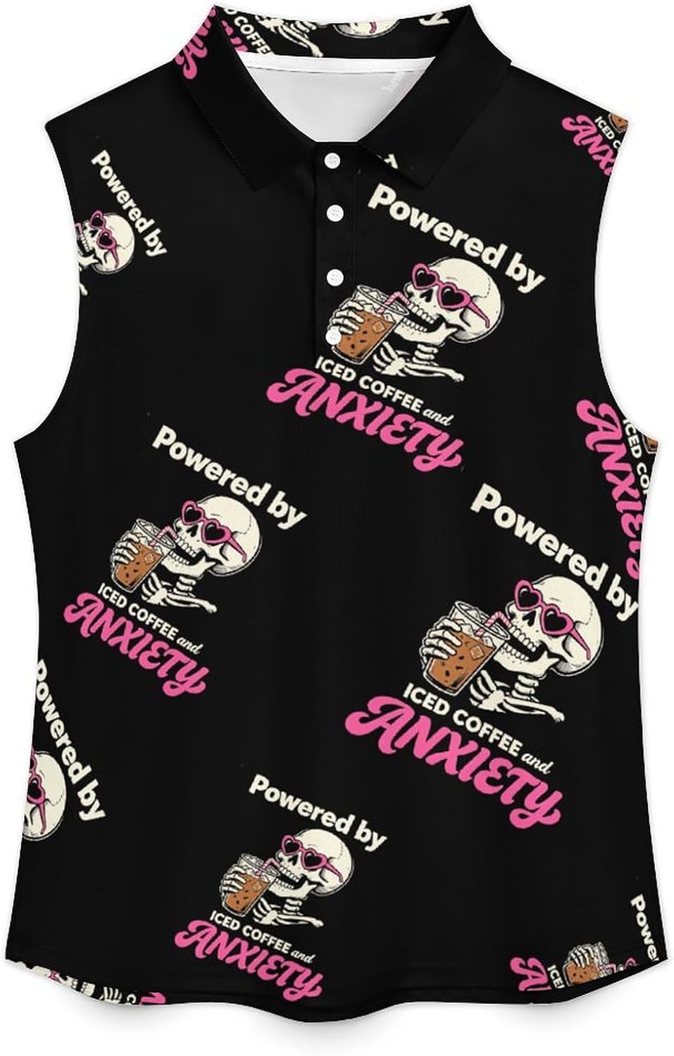 Powered by Iced Coffee and Anxiety Womens Sleeveless V Neck Golf Polo Shirts