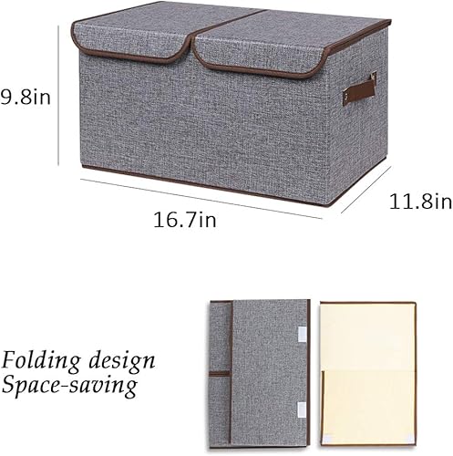 Miniatura 2 de UUJOLY Contenedores grandes de almacenamiento plegables de tela de lino, cajas de almacenamiento con tapa y asas para el hogar, oficina, armario,