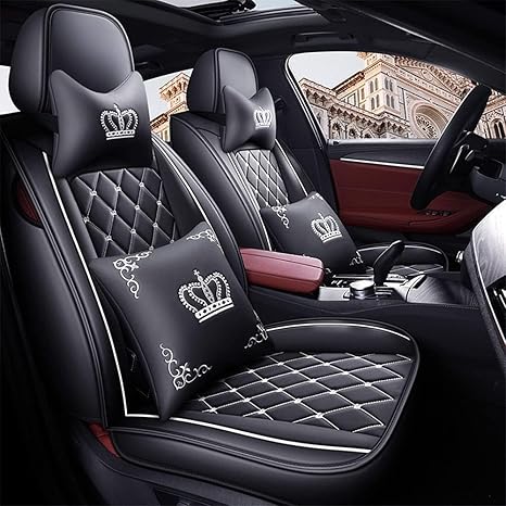 Full Set Car Seat Covers, Crown PU Leather Car Seat Cover Full Surround, Comfortable Automotive Vehicle Cushion Cover Fit for Most 5 Seats Cars/SUV/Truck/Vans (Black+White)