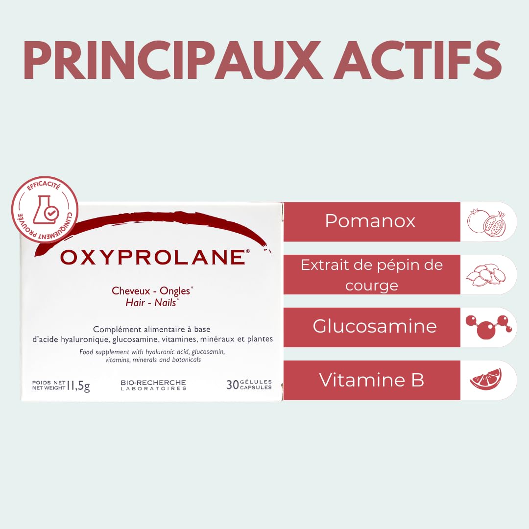 Oxyprolane® Cheveux & Ongle • Complément Alimentaire Pousse cheveux • Cure 3 mois / 90 gélules (1/j) • Biotine & Acide Hyaluronique • Fabriqué en France par BIO-RECHERCHE ®