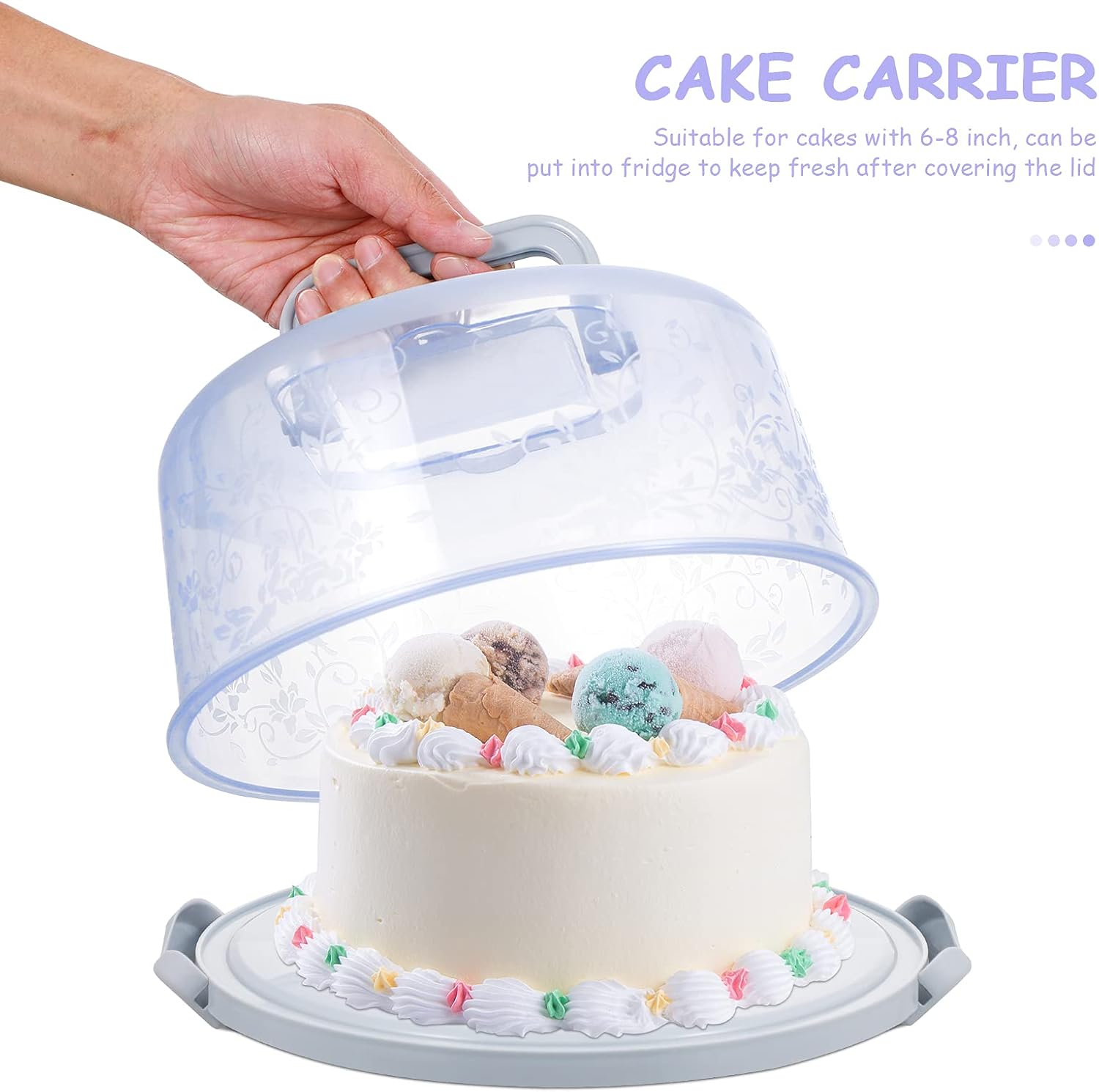 Cabilock Round Cake Carrier with Handle Dome Lids Dessert Carrier Handy Cupcake Holder Tray Clear Plastic Cake Pie Container Serving Tray Blue