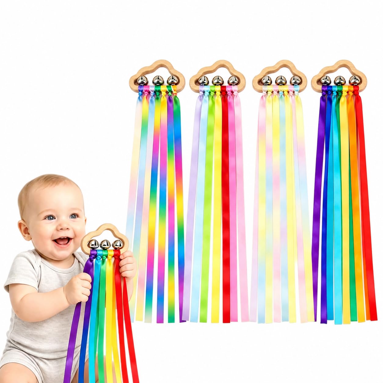 Sensory Wooden Ring Baby Toys โ Montessori Rainbow Ribbon Rattle Toys with Bells, Educational Sensory Toys for Babies & Toddlers, Wooden Cloud Grip Toy for Crawling & Play (Style E) โ image 1