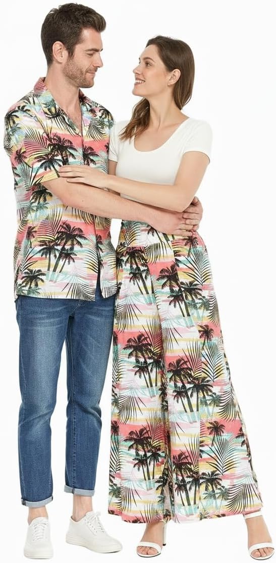 Matchable Couple Hawaiian Luau Shirt or Wide Legged Pants in Sunset Neon