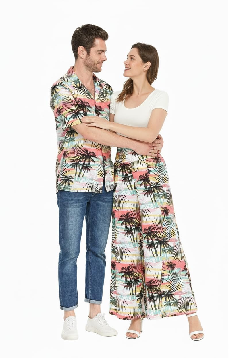 Matchable Couple Hawaiian Luau Shirt or Wide Legged Pants in Sunset Neon