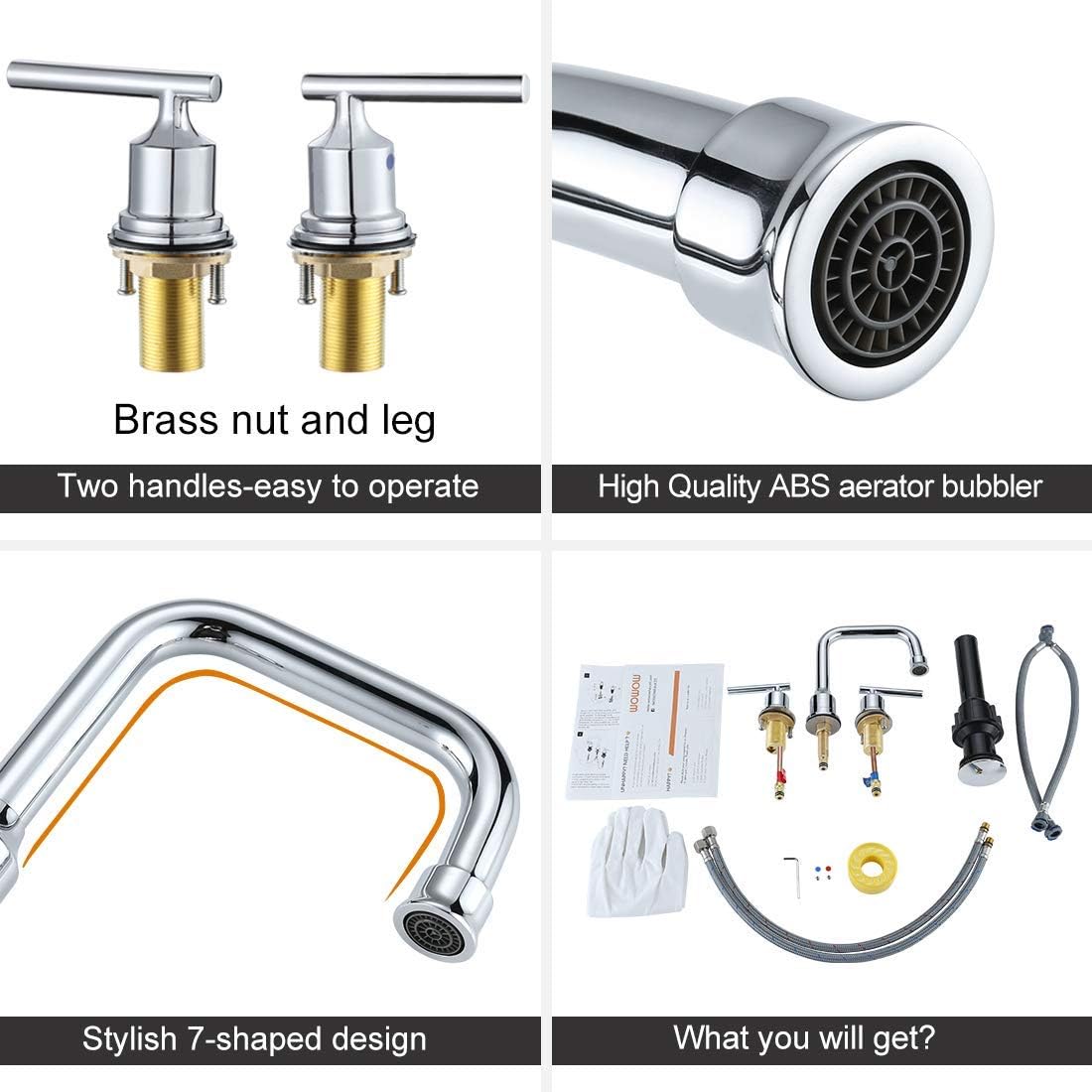 WOWOW Kitchen Faucet with Sprayer, Pull Down Kitchen Faucet with Dual Function Sprayer and Widespread Bathroom Faucet Chrome 8 inch Bathroom Sink Faucet