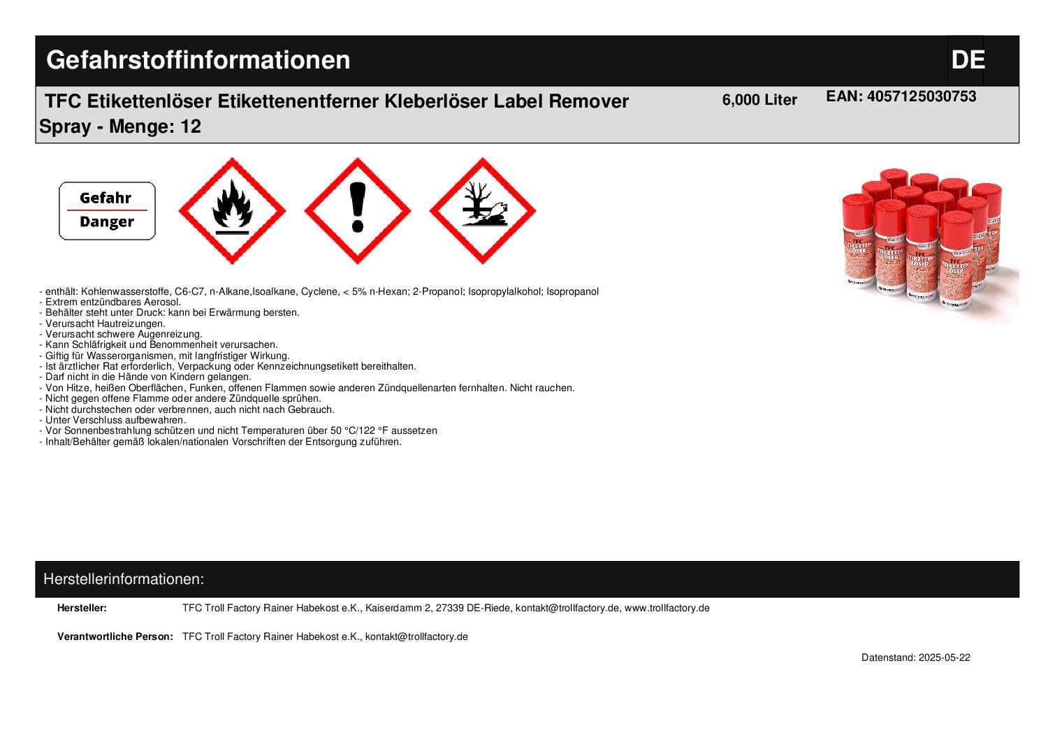 TFC Etikettenlöser I Etikettenentferner I Klebstoff & Aufkleber entfernen I Kleberlöser I Label Remover Spray I 12 x500ml