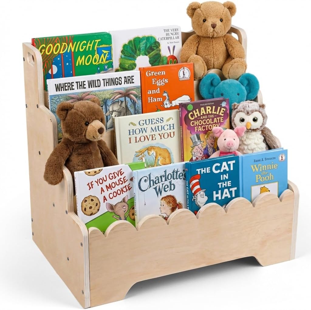 Small Wooden Bookshelf 4-Tier, Natural Pine Wood Kids Bookshelf, Scalloped Toddler Book Shelf, Baby Nursery Book Shelf, Display Front Facing Montessori Book Case for Children Room Playroom