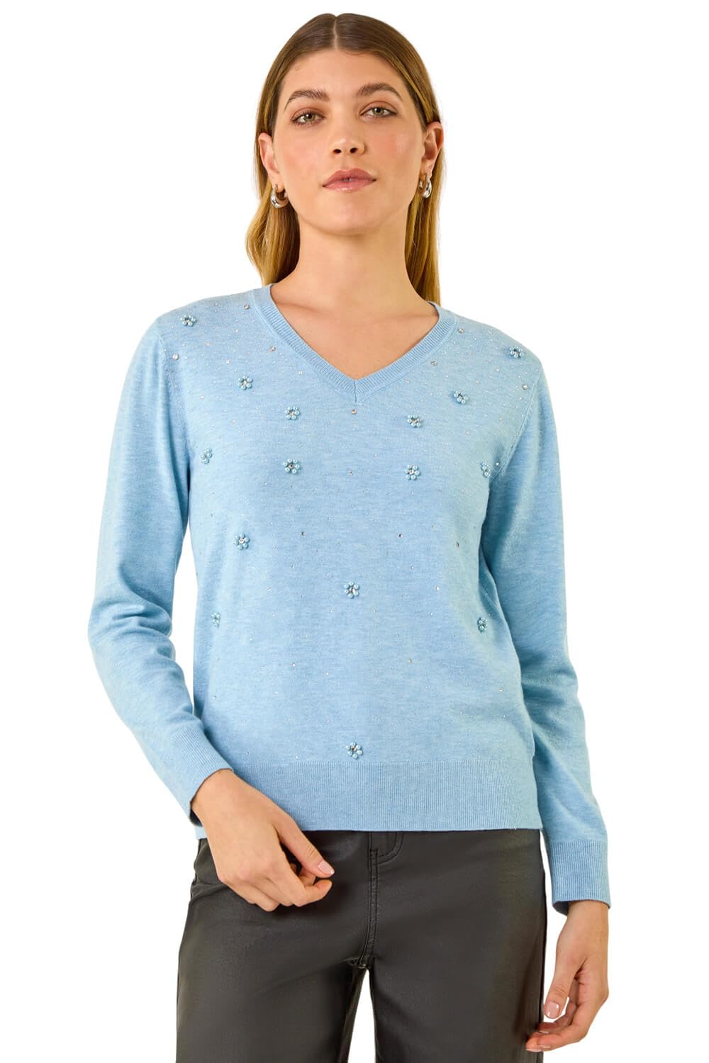 Roman Women's Light Blue V-Neck Flower Hotfix Jumper Size 12