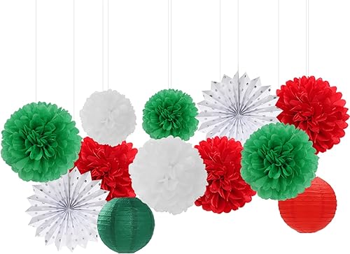 Miniatura 5 de Decoraciones de fiesta de Navidad de color rojo, verde y blanco, 20 linternas de papel italianas mexicanas, pompones de tela, bolas de panal,