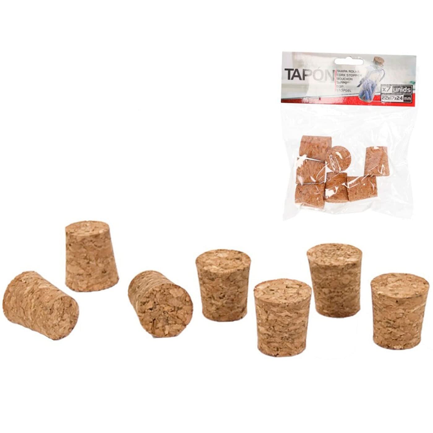 Acan Tradineur - Pack de 7 tapones cónicos de corcho para botellas, garrafas, botes, frascos, bar, restaurante, vino, aceite, 22 x 17 x 24 mm