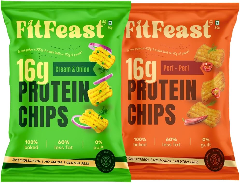 FitFeast Protein Chips - Variety Pack of 18 | 9 x Peri Peri and 9 x Cream and Onion | 60 g Each Packs | 16g Plant Protein Per Pack | Baked Chips, Not Fried | Multigrain Protein Snacks | As Seen on Shark Tank