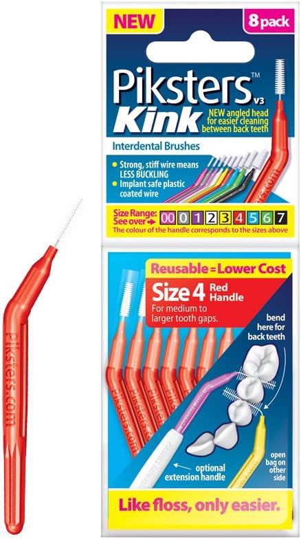 PikstersKink Interdental Brushes - for Cleaning Between Teeth (8 Pack, Size 4 (Red))