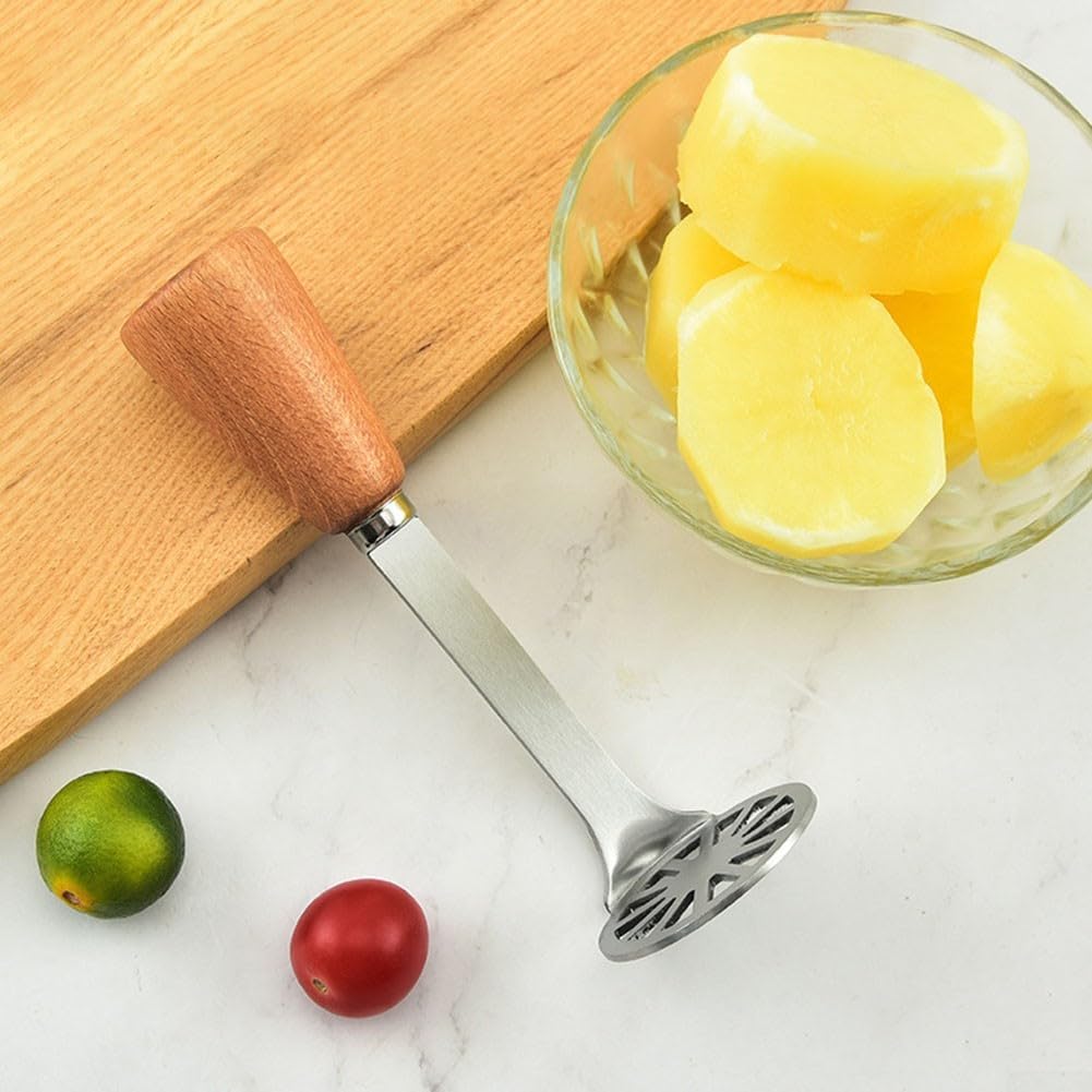 Presse-purée solide et efficace avec poignée en bois, parfait pour écraser les pommes de terre et les patates douces