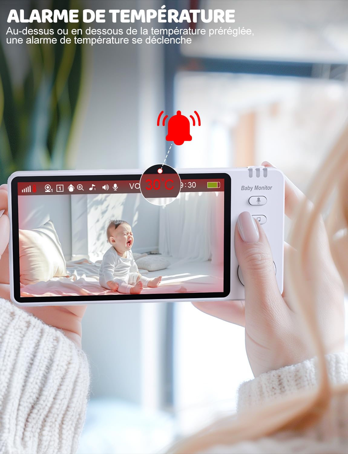 OBVHNUA 5 Pouces Babyphone Camera 720P HD Caméra Bebe Babyphone Video sans Fil Moniteur Bébé avec 2X-4X Zoom Pan-Tilt Vision Nocturne VOX Interphone 8 Berceuses 5 Réveil Température Temps