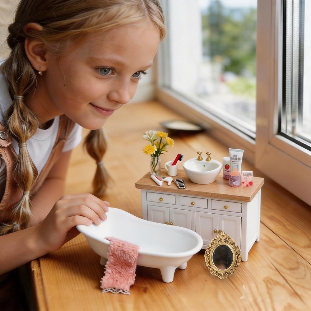 DIYDEC 1:12 Scale Dollhouse Bathroom Set 20pcs Miniature Furniture Accessories with Doll Bathroom Washbasin Cabinet Ceramic Bathtub Mirror Comb for Dollhouse Miniatures Play Figurines Decor