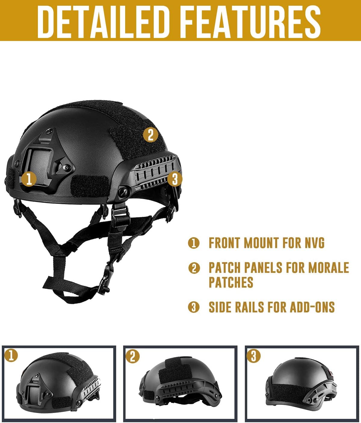 OneTigris Tactical Helmet MICH 2001 - Helmet with Adjustable Chin Strap, Night Vision Mount and Side Rails (Black)